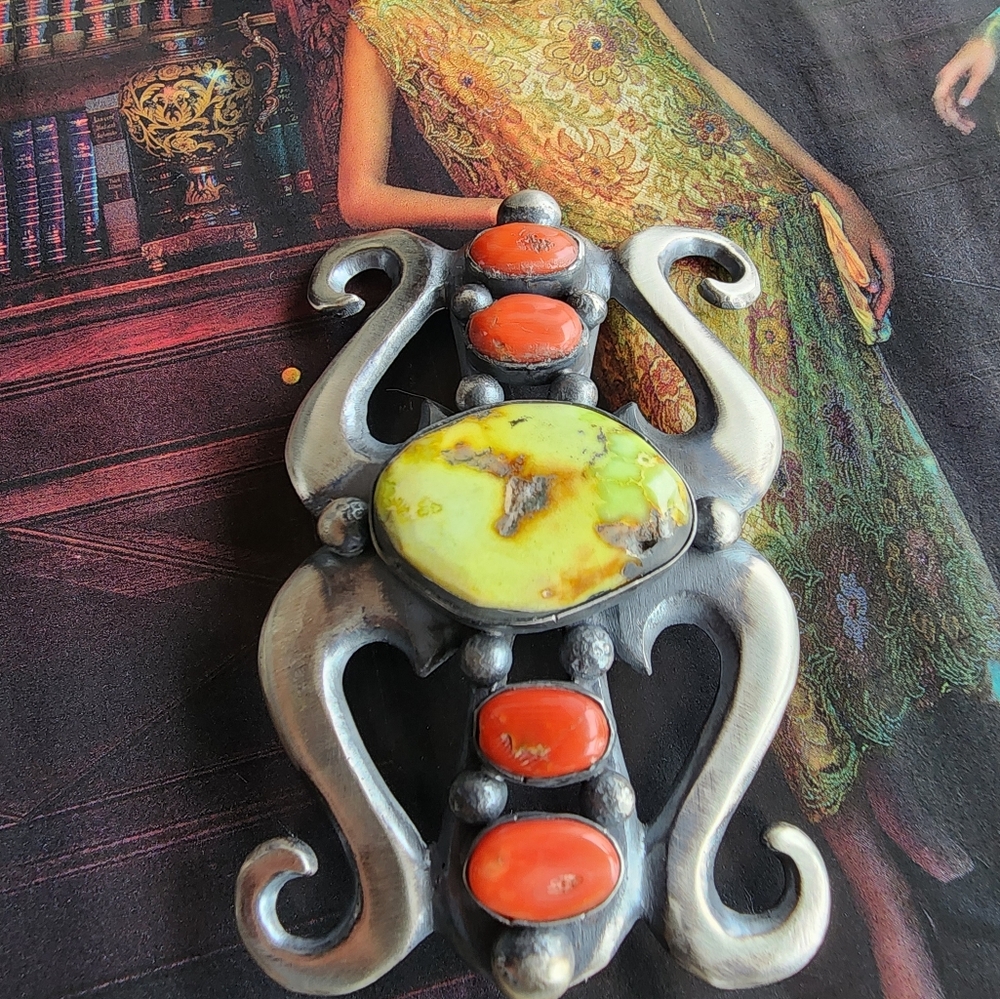 Chimney Butte Sterling Silver and Palomino & Coral Stone Belt Buckle - Picture 8 of 14